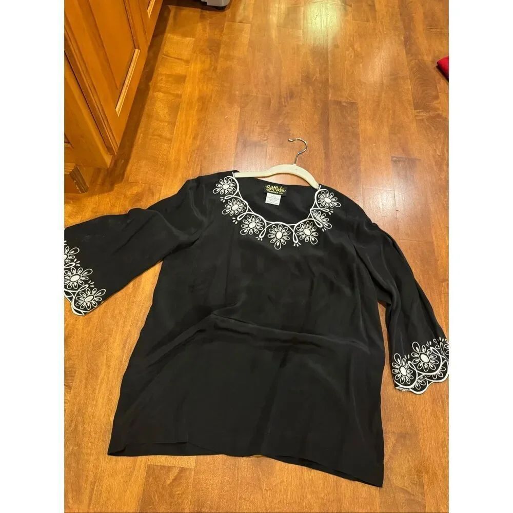 Vintage Bob Mackie Wearable Art 100% Silk Embroidered Black Tunic Blouse Top Siz